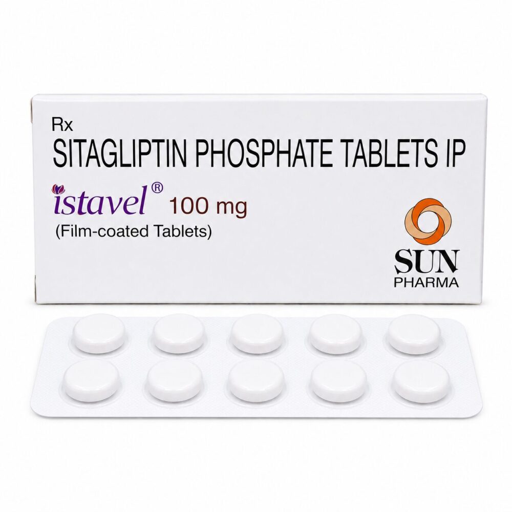 Istavel 100 mg (Sitagliptin) 1 Istavel 100 mg (Sitagliptin) front box with strip