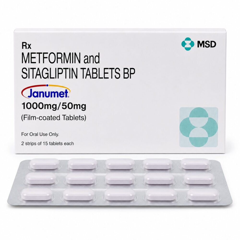 Janumet 50/1000 mg (Sitagliptin / Metformin) 1 Janumet 50/1000 mg (Sitagliptin / Metformin) front box with strip