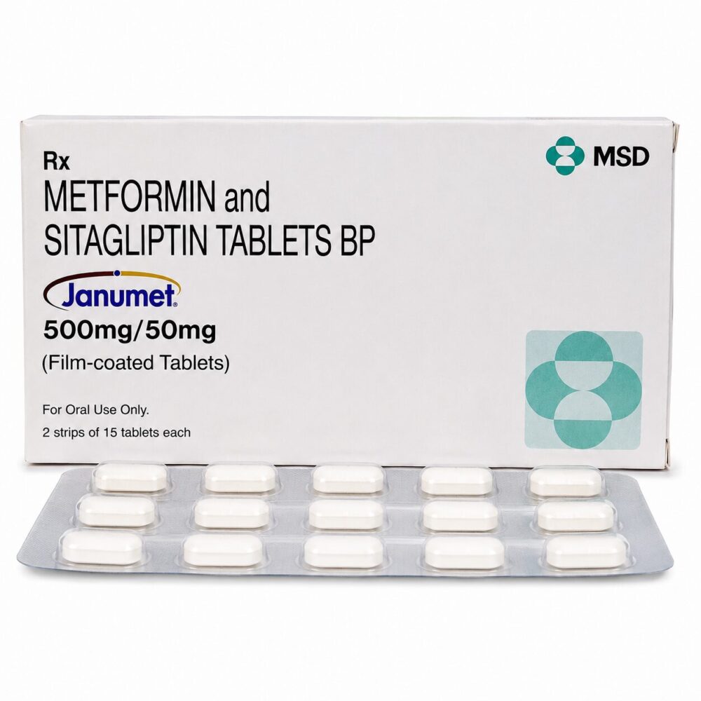 Janumet 50/ 500 mg (Sitagliptin / Metformin) 1 Janumet 50 / 500 mg (Sitagliptin / Metformin) front box with strip