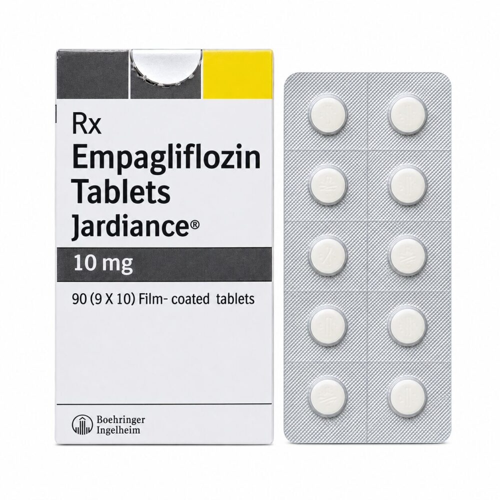 Jardiance 10 mg (Empagliflozin) 2 Jardiance 10mg (Empagliflozin) front box with vertical strip