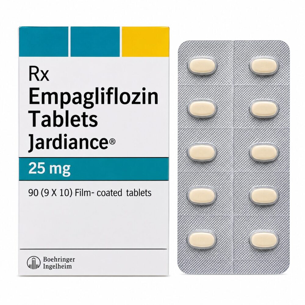 Jardiance 25 mg (Empagliflozin) 2 Jardiance 25 mg (Empagliflozin) front box with vertical strip