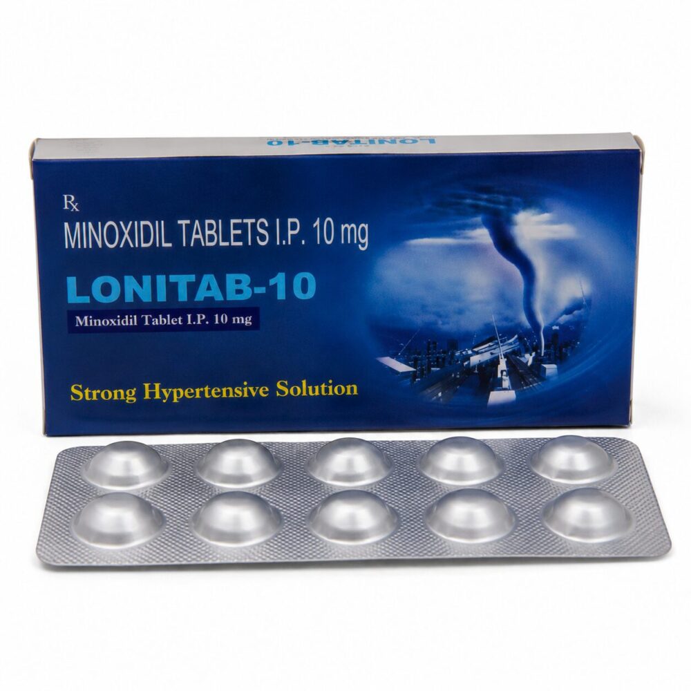 Lonitab-10 (Minoxidil) 1 Lonitab-10 (Minoxidil) front box with strip