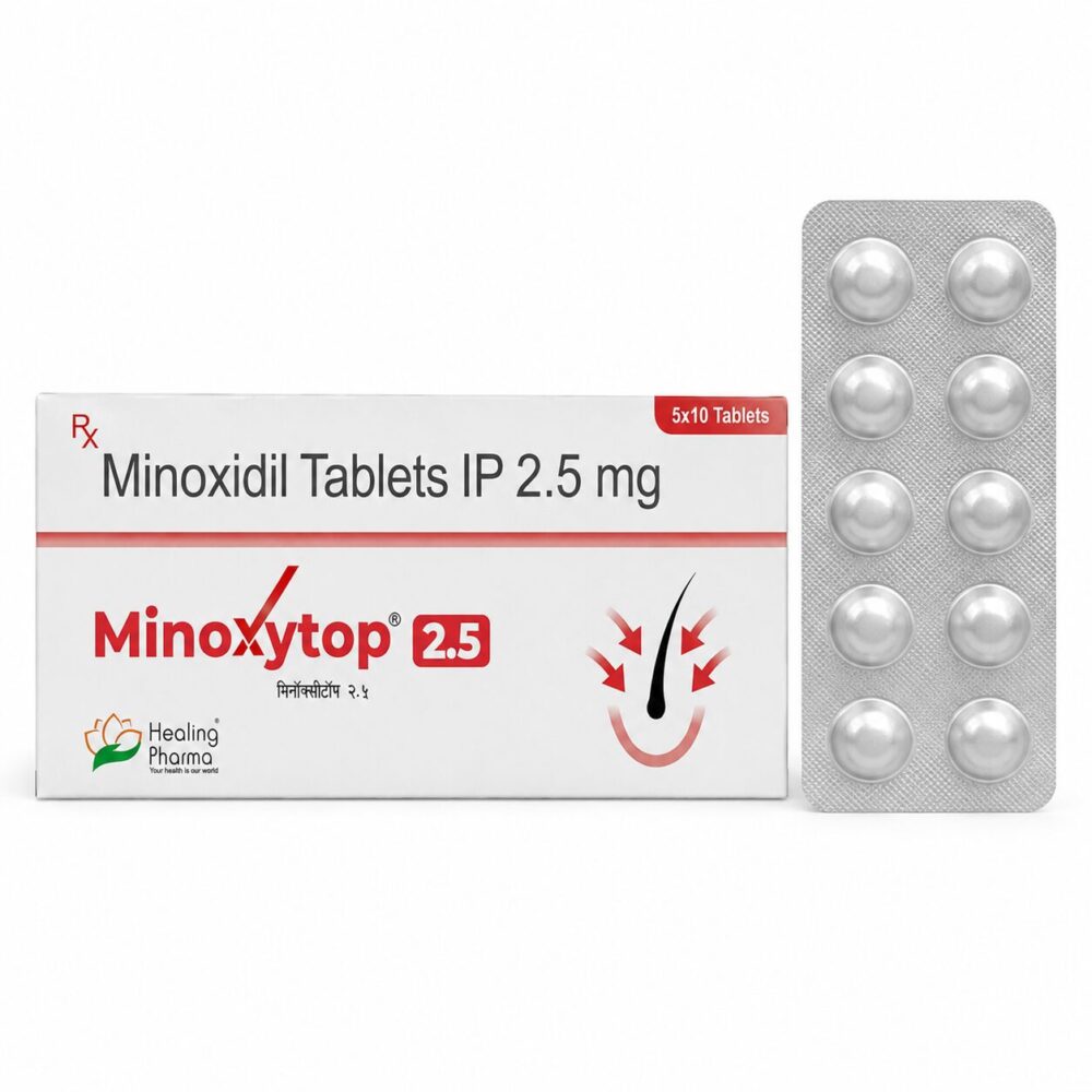 Minoxytop 2.5 mg (Minoxidil) 3 Minoxytop 2.5mg (Minoxidil) front box with vertical strip