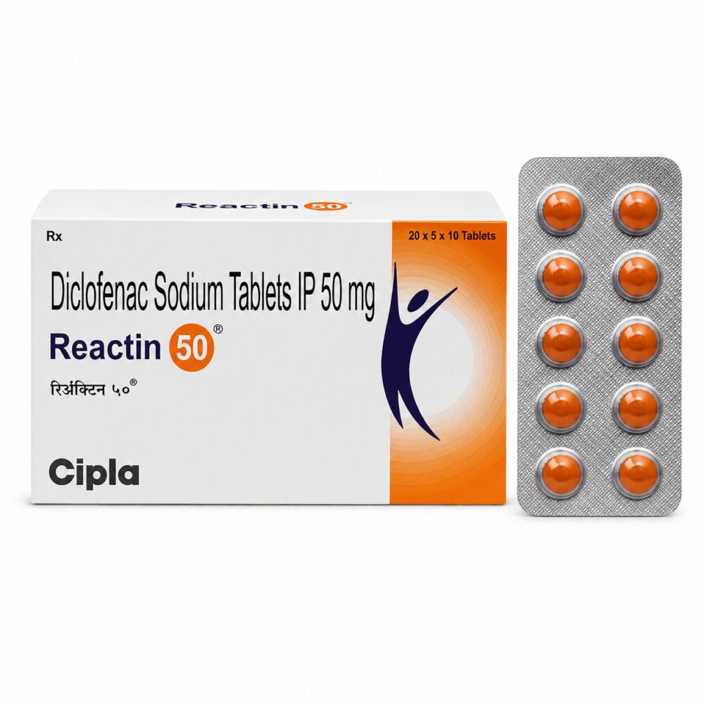 Reactin 50 mg (Diclofenac) 3 Reactin 50mg (Diclofenac) front box with vertical strip