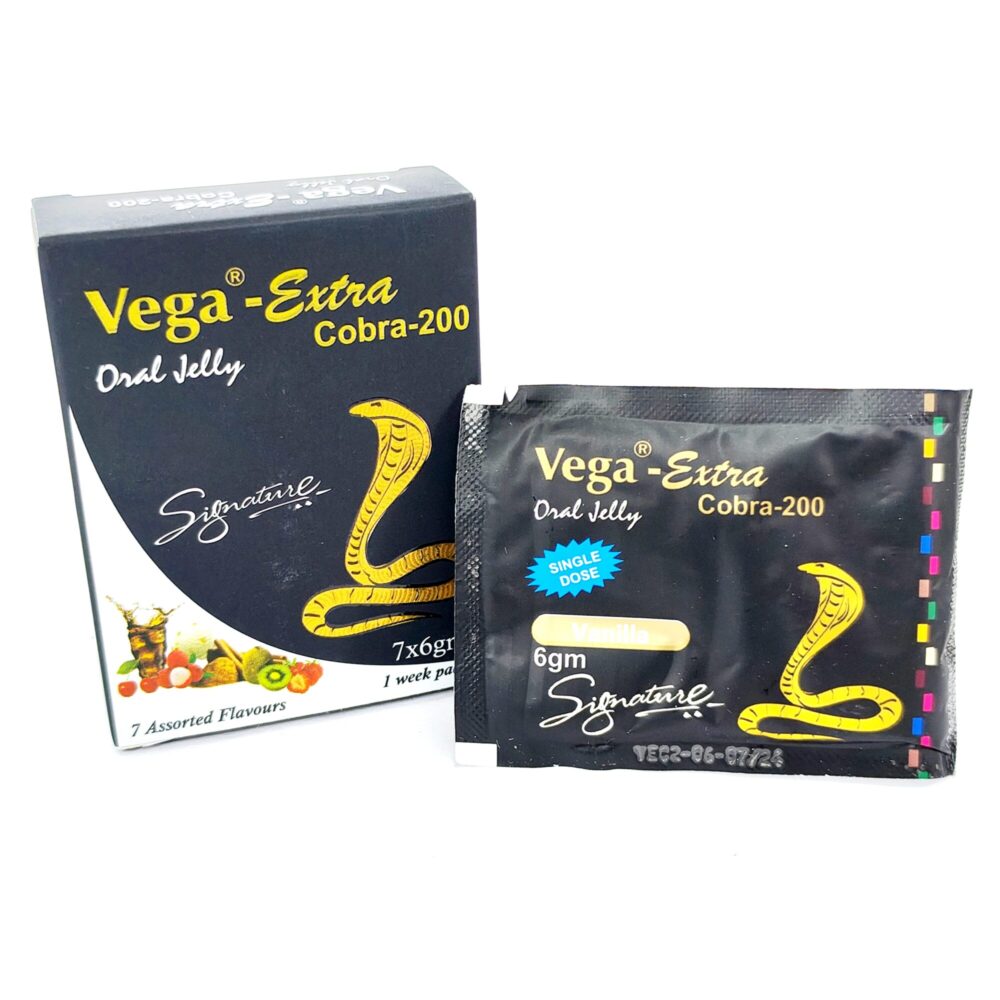 Vega Extra Cobra Oral Jelly 200 mg (Sildenafil Citrate) 1 Vega Extra Cobra Oral Jelly 200 mg - Authentic High-Potency Sildenafil Citrate Oral Jellies.